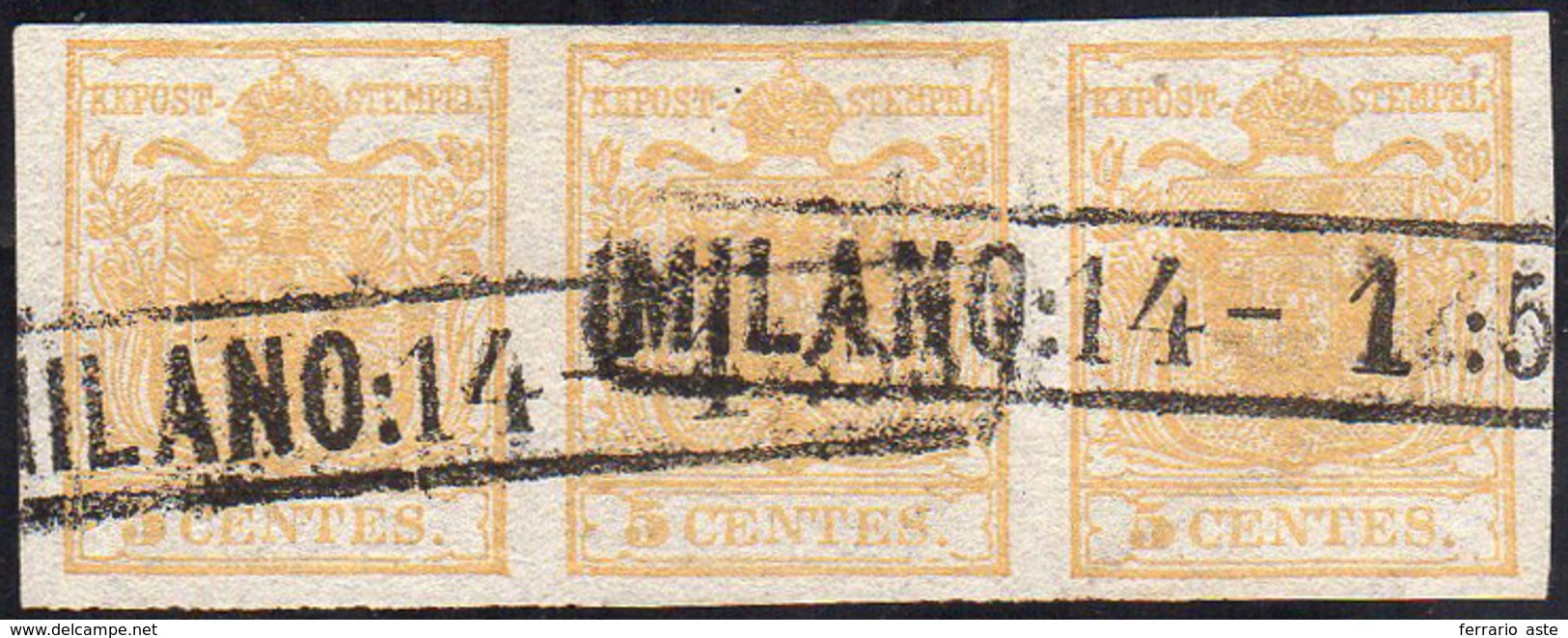 1850 - 5 Cent. Giallo Ocra (1), Striscia Di Tre, Perfetta, Usata A Milano 14/1/1853. Bella.... - Lombardije-Venetië