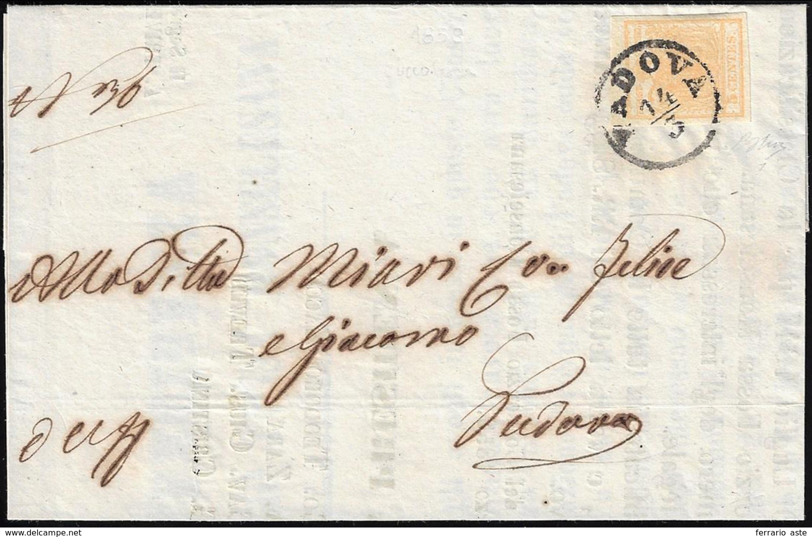 1858 - 5 Cent. Giallo Ocra (1), Perfetto, Isolato Su Stampato Da Padova 14/3/1858 Per Città. Non Com... - Lombardo-Venetien