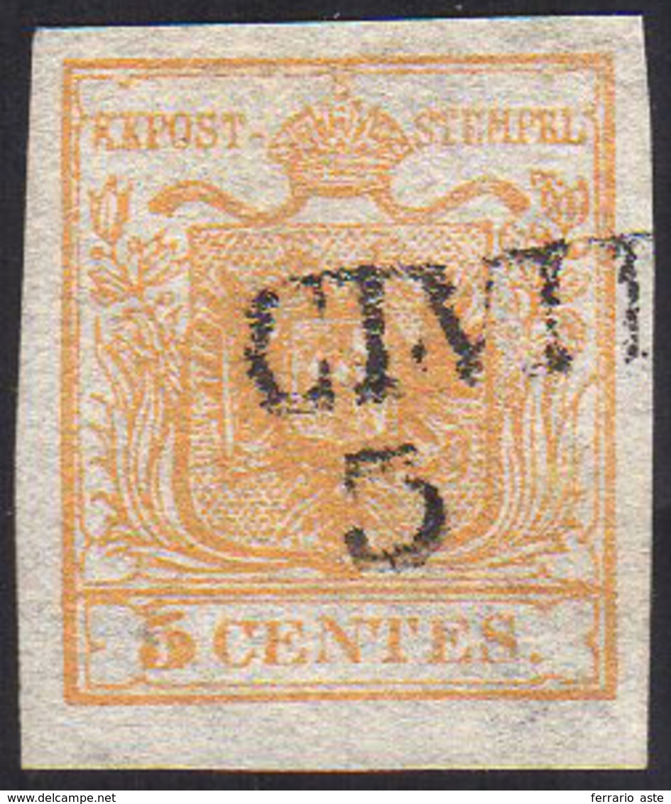 1850 - 5 Cent. Giallo Arancio, I Tiratura, Con Filigrana (1d), Perfetto, Usato A Cividale. Bello! E.... - Lombardy-Venetia