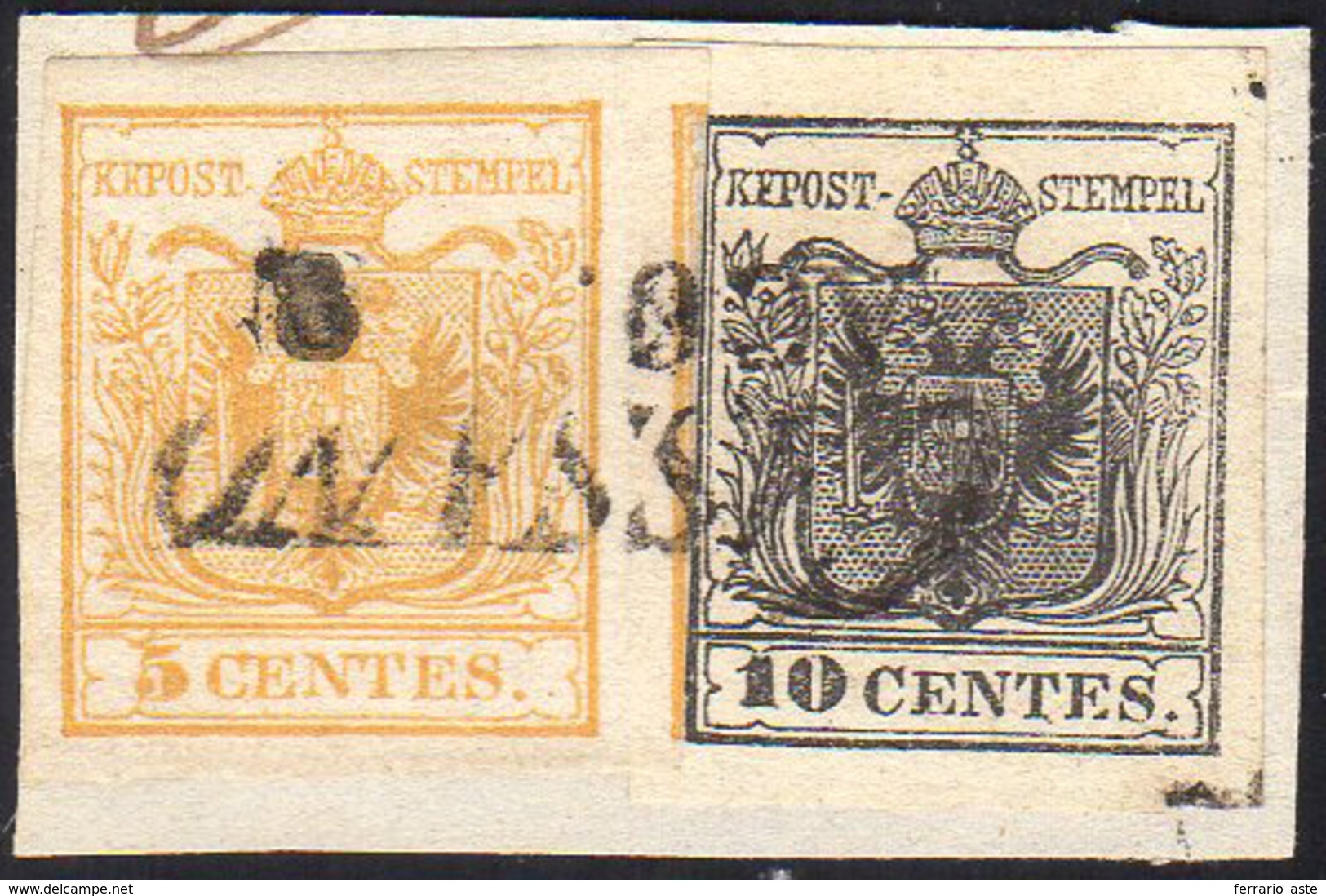 1850 - 5 Cent. Giallo Arancio, I Tiratura, 10 Cent. Grigio Nero, Entrambe Carta A Mano (1d,2c), Perf... - Lombardo-Veneto