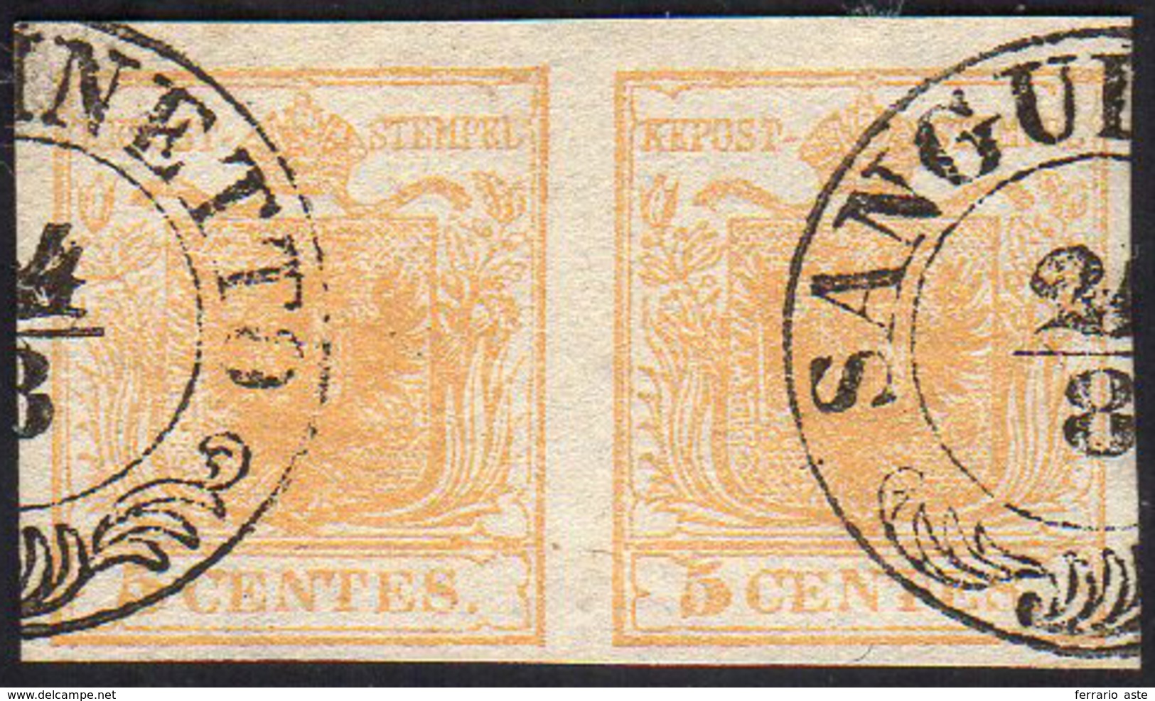 1850 - 5 Cent. Giallo Arancio (1g), Coppia, Perfetta, Usata A Sanguinetto 24/8. Bella. Ferrario.... - Lombardy-Venetia