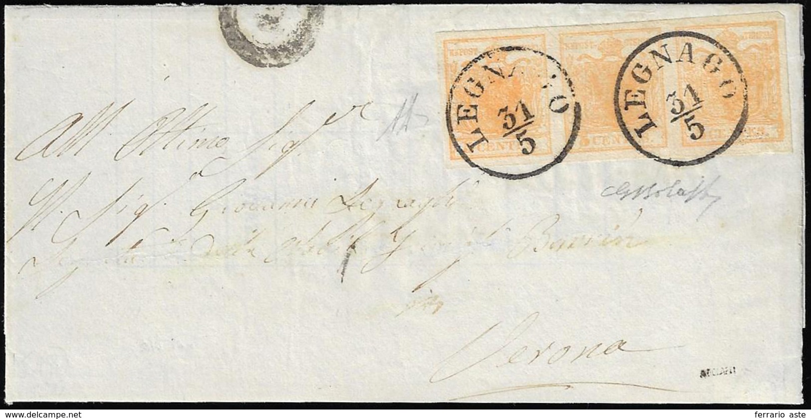 1850 - 5 Cent. Giallo Arancio Chiaro (1g), Striscia Di Tre, Perfetta, Su Sovracoperta Di Lettera Del... - Lombardy-Venetia