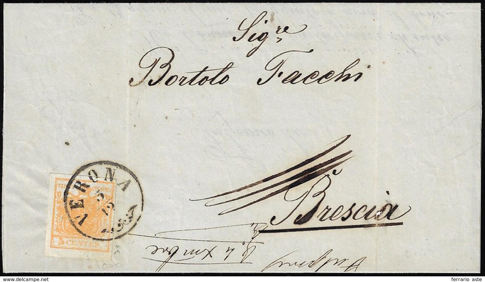 1850 - 5 Cent. Arancio (1h), Perfetto, Isolato Su Circolare A Stampa Da Verona 3/12 A Brescia.... - Lombardo-Vénétie