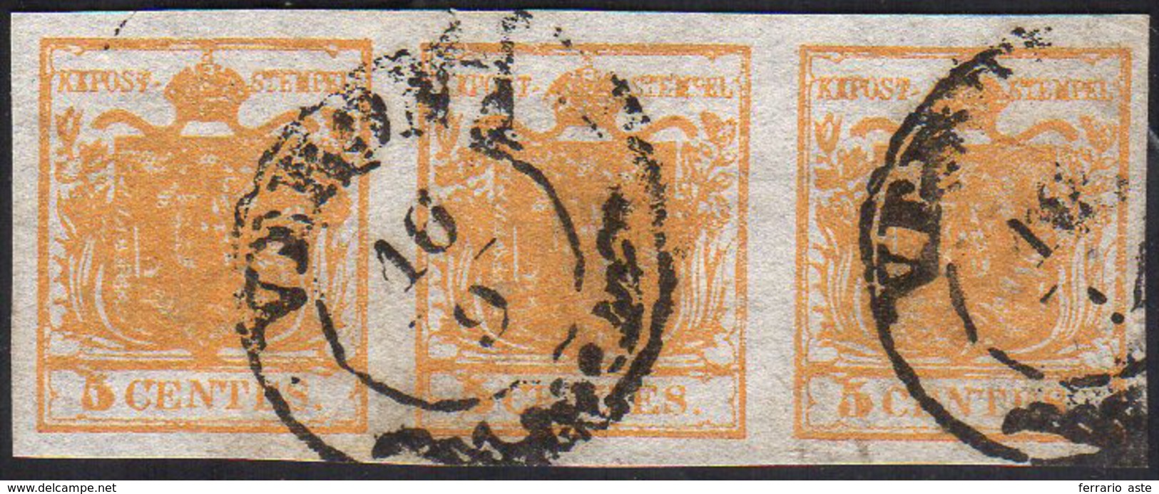 1850 - 5 Cent. Arancio Carico (1i), Striscia Di Tre, Perfetta, Usata A Verona 16/9. A.Diena, Ferrari... - Lombardo-Veneto