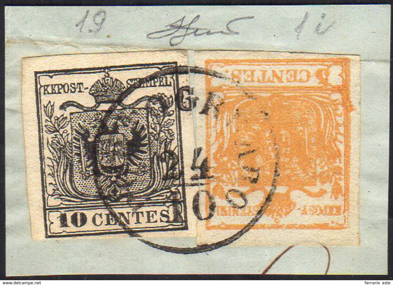 1857 - 5 Cent. Arancio Carico, Varieta Di Clichè, 10 Cent. Nero, Carta A Macchina (1i,19), Perfetti,... - Lombardo-Venetien