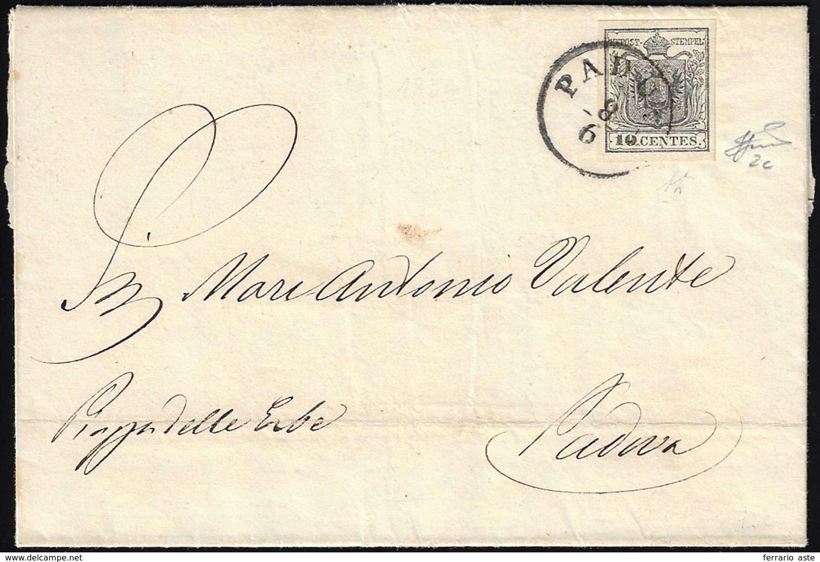 1854 - 10 Cent. Grigio Nero, Carta A Mano (2c), Perfetto, Isolato Su Lettera Da Padova 8/6/1854 Per ... - Lombardije-Venetië