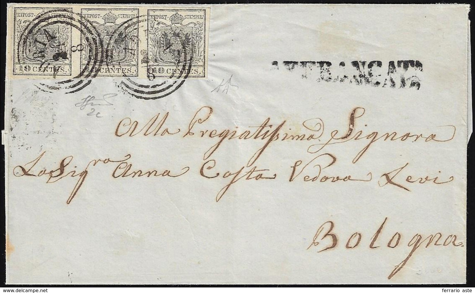 1854 - 10 Cent. Grigio Nero, Carta A Mano (2c), Striscia Di Tre, Ottimo Stato, Su Sovracoperta Di Le... - Lombardo-Venetien