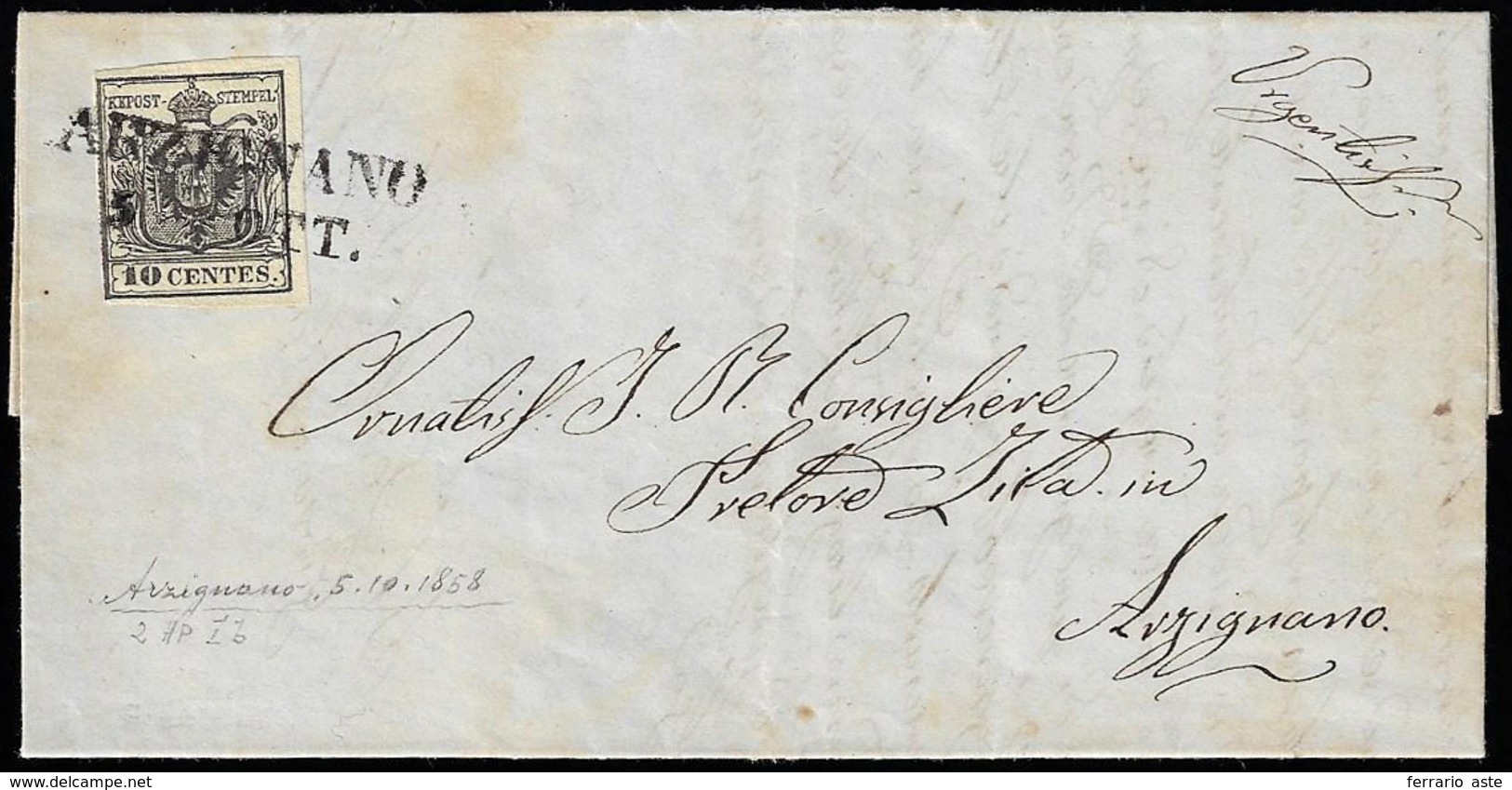 1858 - 10 Cent. Nero Intenso (2d), Perfetto, Isolato Su Lettera Da Arzignano 5/10/1858 (punti 4) Per... - Lombardo-Vénétie