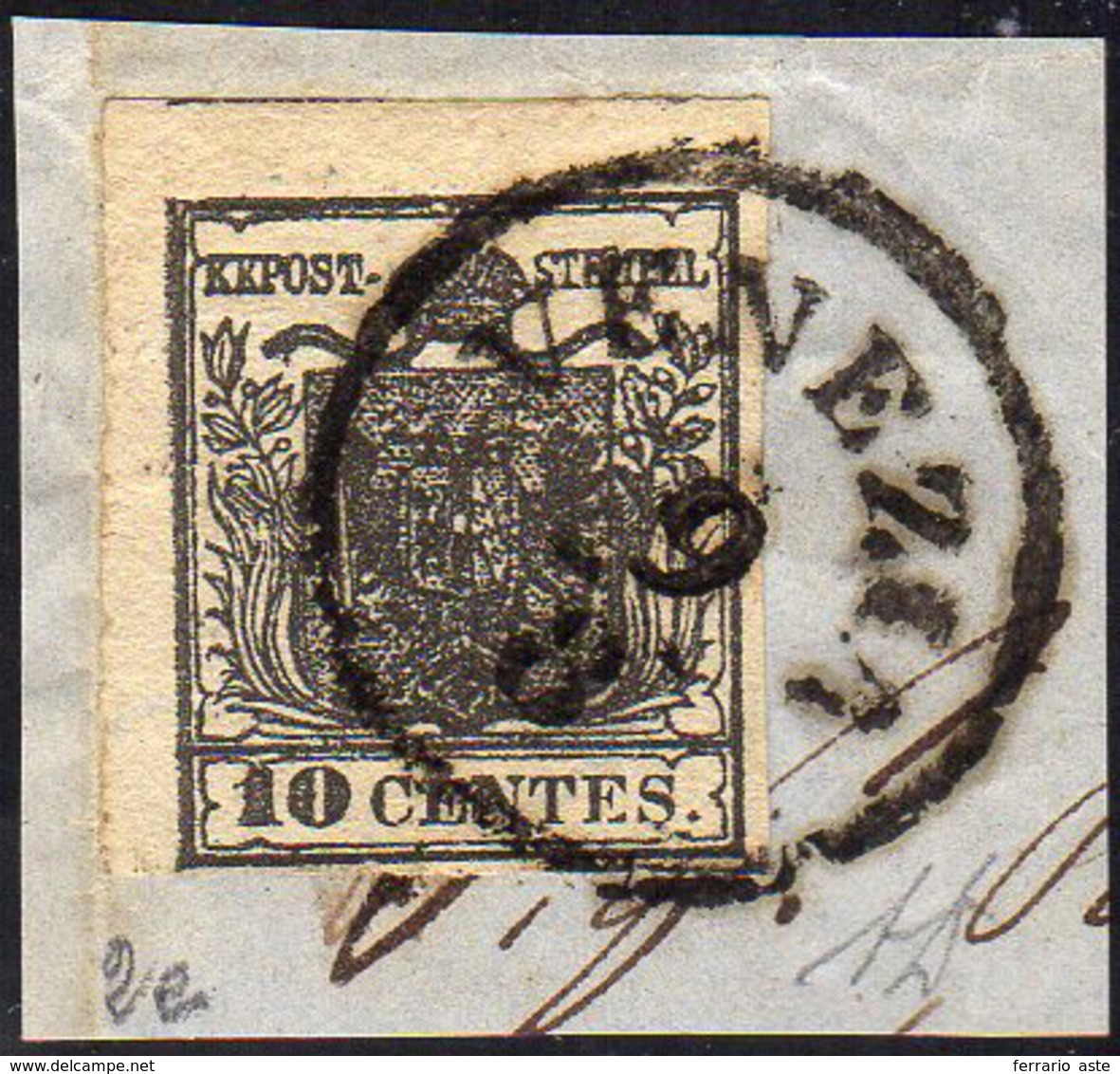 1850 - 10 Cent. Nero Carbone, Carta A Mano (2e), Perfetto, Usato Su Piccolo Frammento A Venezia 9/8.... - Lombardy-Venetia