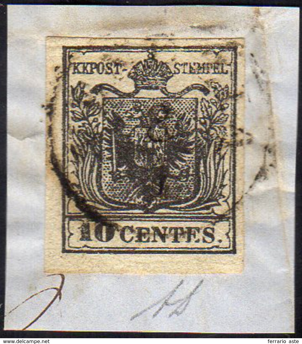 1850 - 10 Cent. Nero Carbone, Carta A Mano (2e), Perfetto, Usato Su Piccolo Frammento A Venezia. A.D... - Lombardo-Venetien