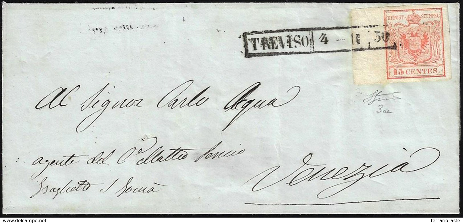 1850 - 15 Cent. Rosso, I Tiratura, Con Filigrana (3a), Bordo Di Foglio, Perfetto, Su Sovracoperta Di... - Lombardo-Veneto