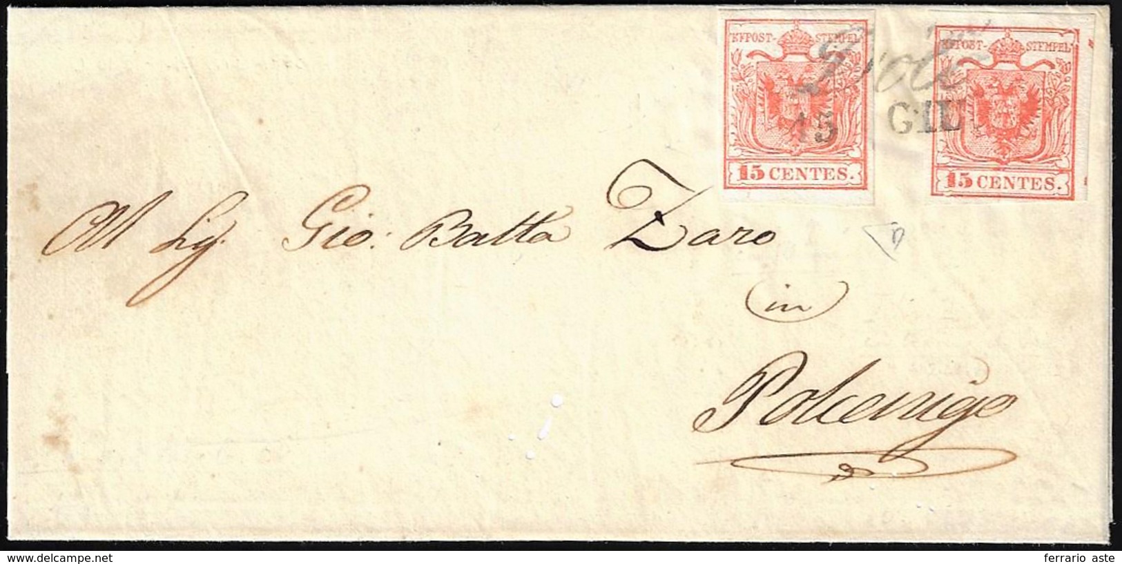 1850 - 15 Cent. Rosso Carminio, I Tiratura (3b), Due Esemplari, Uno Con Inizio Di Croce Di S.Andrea,... - Lombardo-Veneto