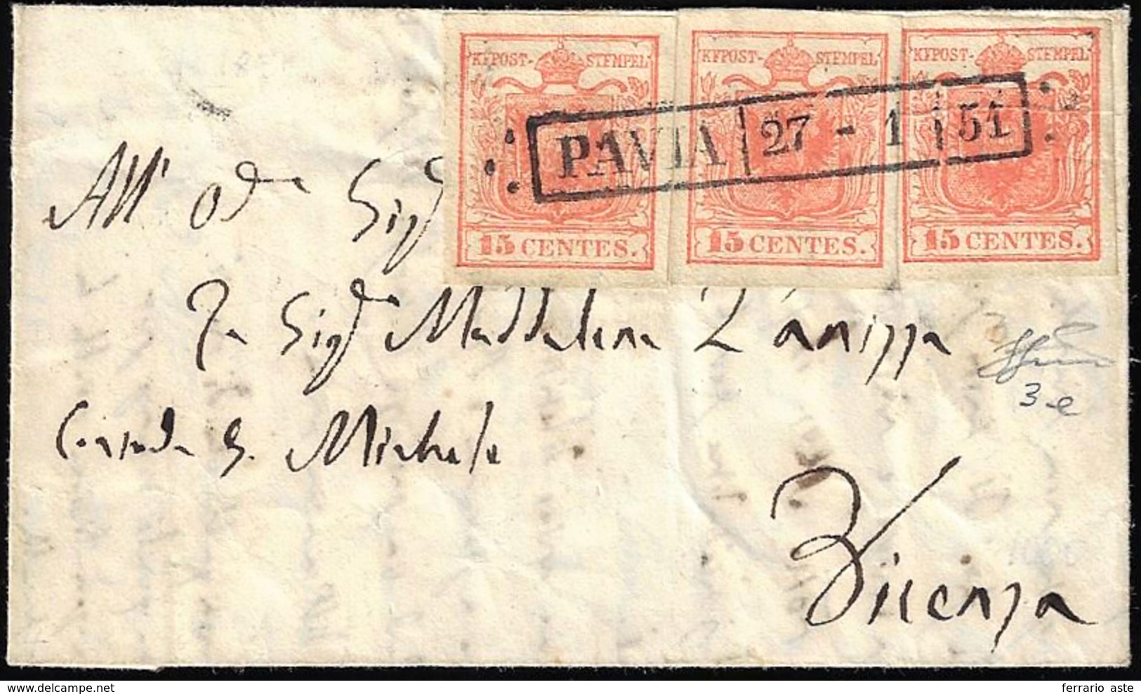 1851 - 15 Cent. Rosso Vermiglio, I Tipo, Carta A Mano (3e), Tre Esemplari, Uno Con Pli D'accordeon, ... - Lombardo-Veneto