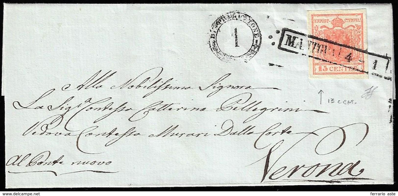 1851 - 15 Cent. Rosso, I Tipo, Carta A Mano, Varietà Di Clichè "13 Cent" (3o), Perfetto, Su Lettera ... - Lombardo-Veneto