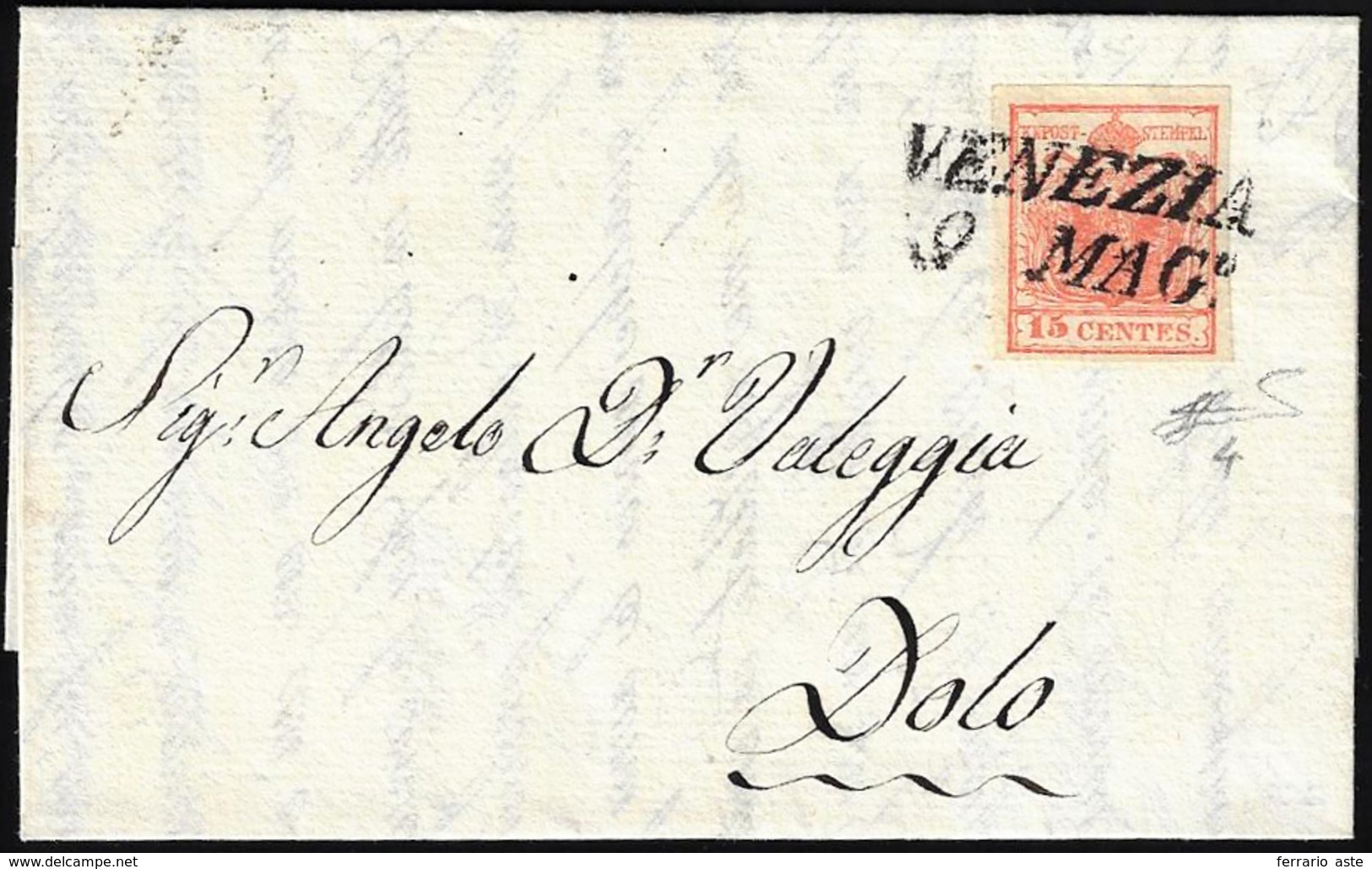 1851 - 15 Cent. Rosso Vermiglio, II Tipo, Carta A Mano (4), Perfetto, Su Lettera Da Venezia 9/5/1851... - Lombardije-Venetië