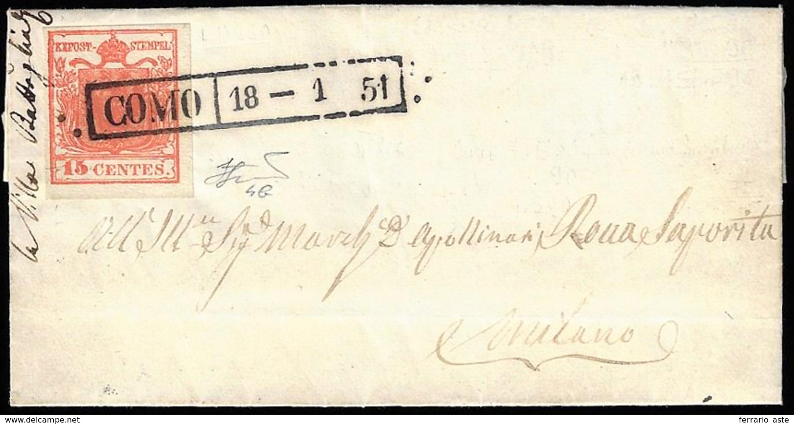 1851 - 15 Cent. Rosso Vermiglio Intenso, II Tipo, Carta A Mano (4b), Perfetto, Su Lettera Da Como 18... - Lombardo-Vénétie