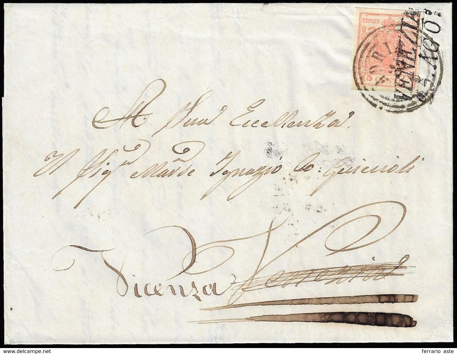 1851 - 15 Cent. Rosa, II Tipo, Carta A Mano (5), Perfetto, Su Sovracoperta Di Lettera Da Adria 24/8 ... - Lombardo-Veneto