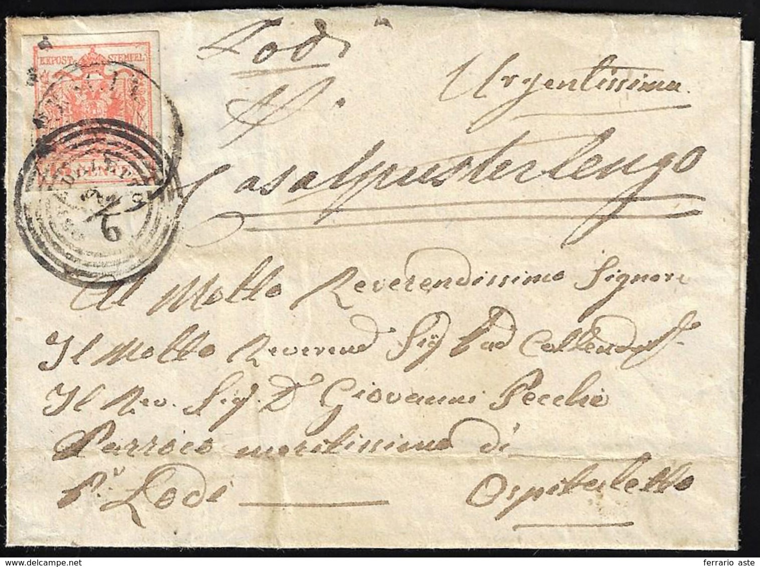 1852 - 5 Cent. Rosso, III Tipo, Carta A Mano (5), Perfetto, Su Sovracoperta Di Lettera Da Brescia Ad... - Lombardo-Venetien
