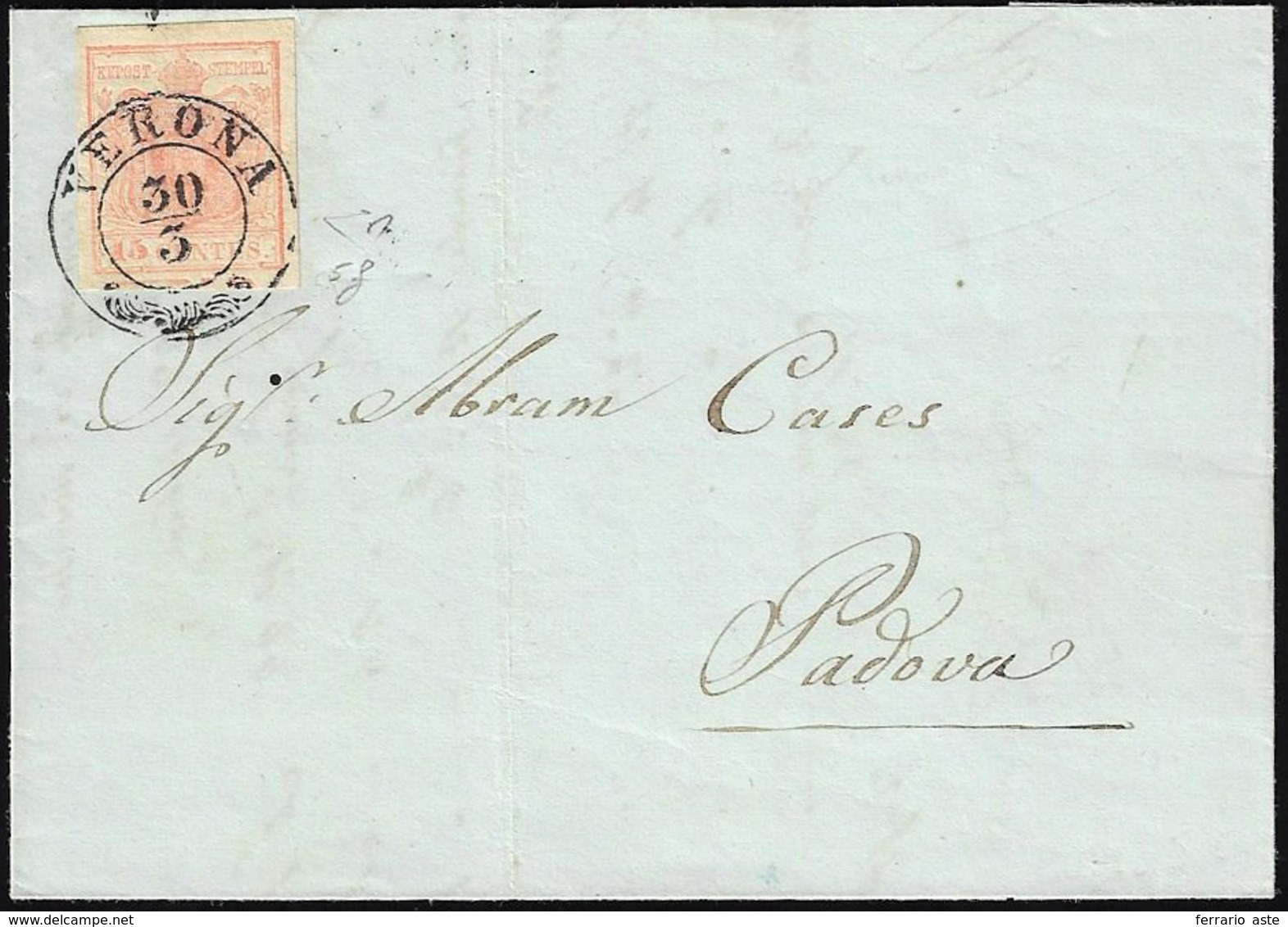 1852 - 15 Cent. Rosa, II Tipo, Carta A Mano, Spazio Tipografico In Basso (5f), Perfetto, Su Lettera ... - Lombardy-Venetia