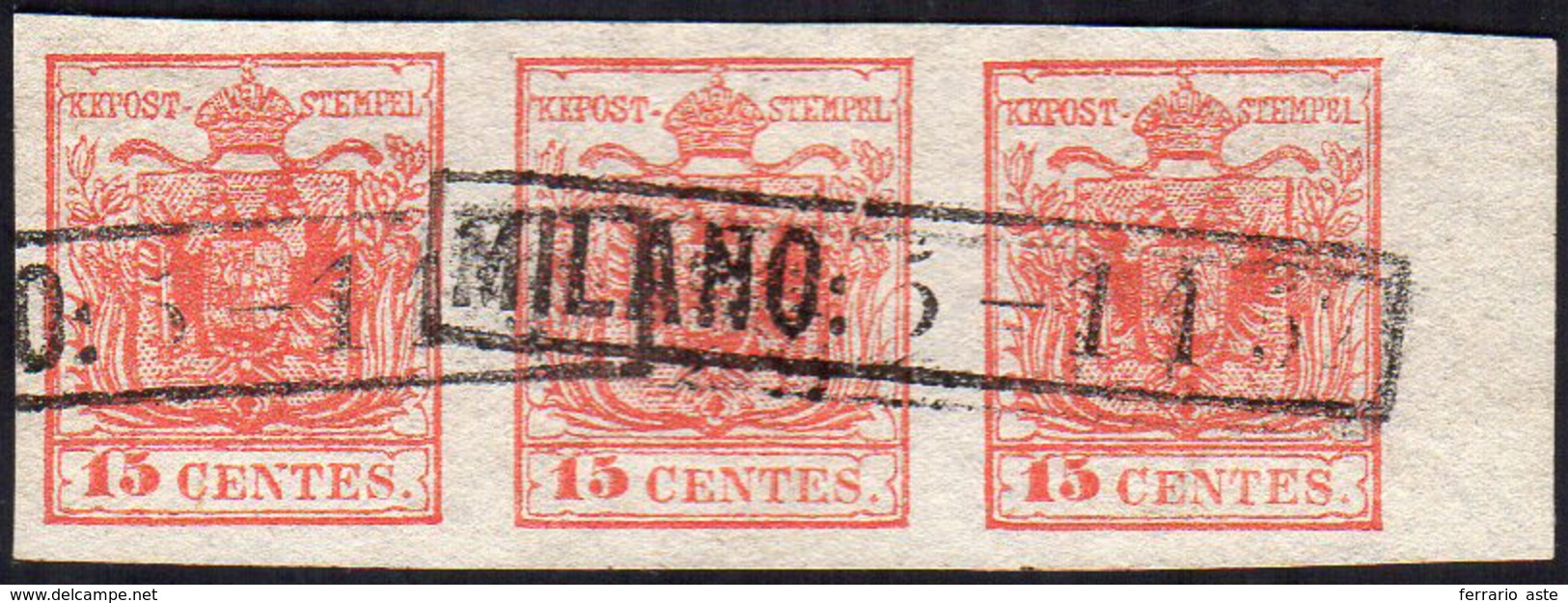1852 - 15 Cent. Rosso, III Tipo, Carta A Mano (6), Striscia Di Tre, Bordo Di Foglio, Con Filigrana, ... - Lombardo-Venetien