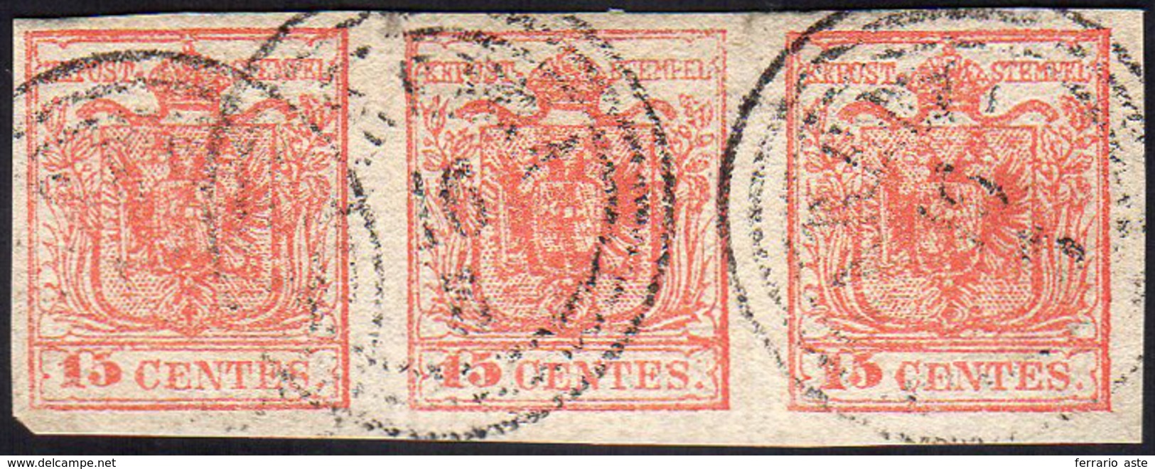 1852 - 15 Cent. Rosso, III Tipo, Carta A Mano (6), Striscia Di Tre, Perfetta, Usata A Varenna 16/5.... - Lombardo-Venetien