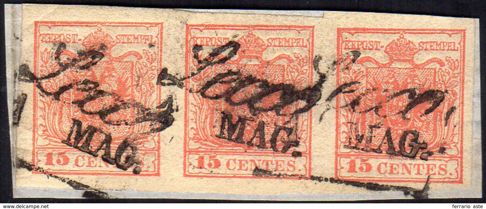1852 - 15 Cent. Rosso, III Tipo, Carta A Mano (6), Striscia Di Tre, Perfetta, Usata Su Piccolo Framm... - Lombardy-Venetia