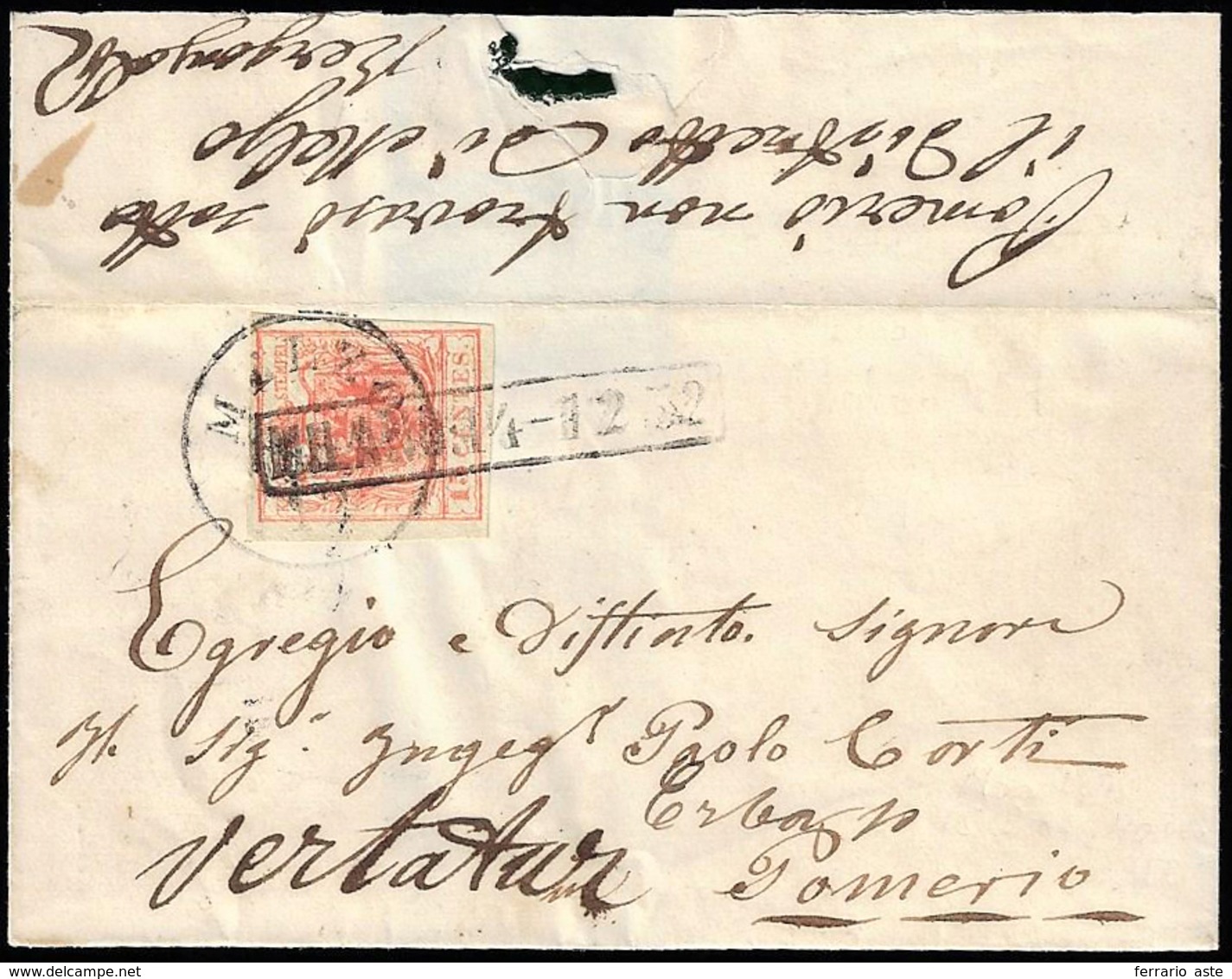 1852 - 15 Cent. Rosso, III Tipo, Carta A Mano (6), Perfetto, Su Sovracoperta Di Lettera Da Milano 14... - Lombardo-Venetien