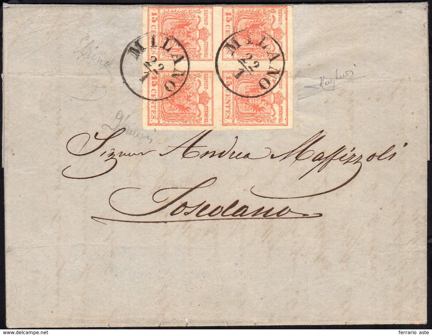 1857 - 15 Cent. Rosso, III Tipo, Carta A Mano (6), Blocco Di Quattro, Impercettibile Piega D'archivi... - Lombardy-Venetia