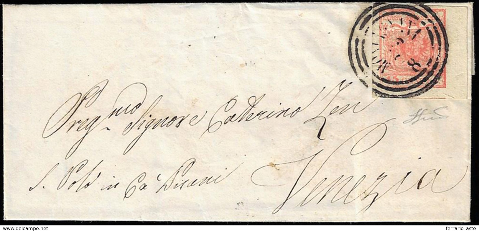 1854 - 15 Cent. Rosso Carminio Vivo, III Tipo, Carta A Mano (6k), Bordo Di Foglio, Perfetto, Su Lett... - Lombardo-Venetien