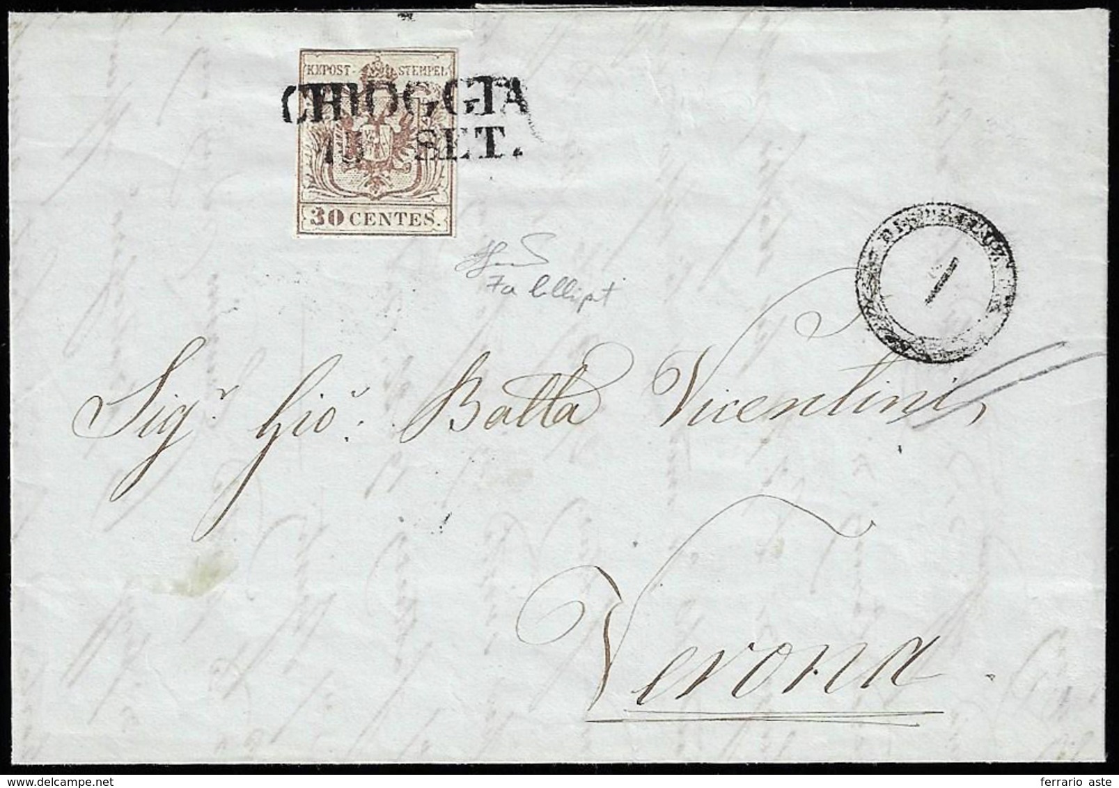 1850 - 30 Cent. Bruno Chiaro, I Tiratura (7a), Margini Ritagliati Lilliput, Su Lettera Da Chioggia 1... - Lombardy-Venetia