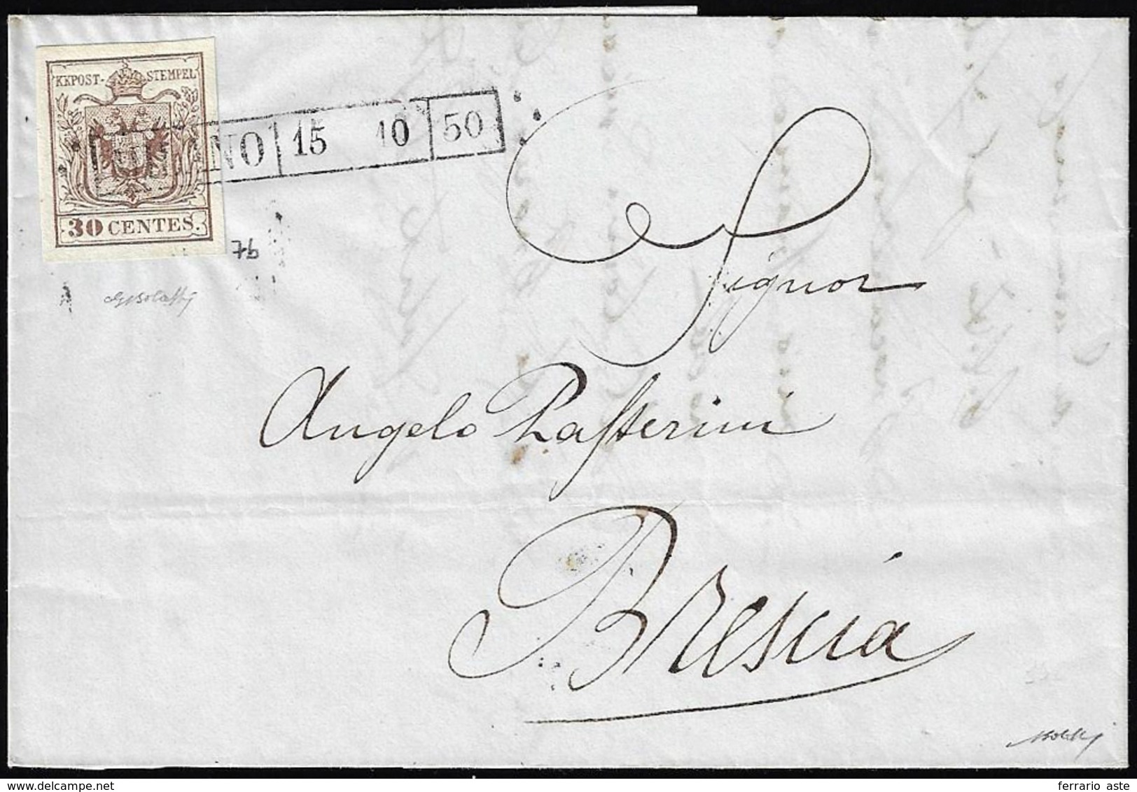 1850 - 30 Cent. Bruno, I Tiratura (7b), Perfetto, Su Lettera Da Milano 15/10/1850 (punti 3), A Bresc... - Lombardije-Venetië