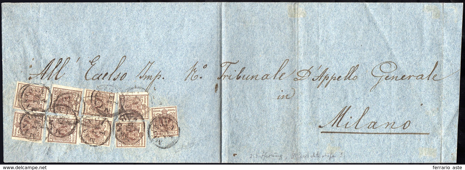 1853 - 30 Cent. Bruno Scuro, II Tipo (8), Nove Esemplari Perfetti, Su Sovracoperta Di Lettera Spedit... - Lombardy-Venetia