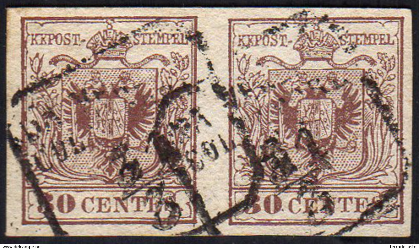 1854 - 30 Cent. Bruno Cioccolato, II Tipo, Carta A Mano (9b), Coppia Perfetta, Usata Con Il Bollo "D... - Lombardo-Venetien