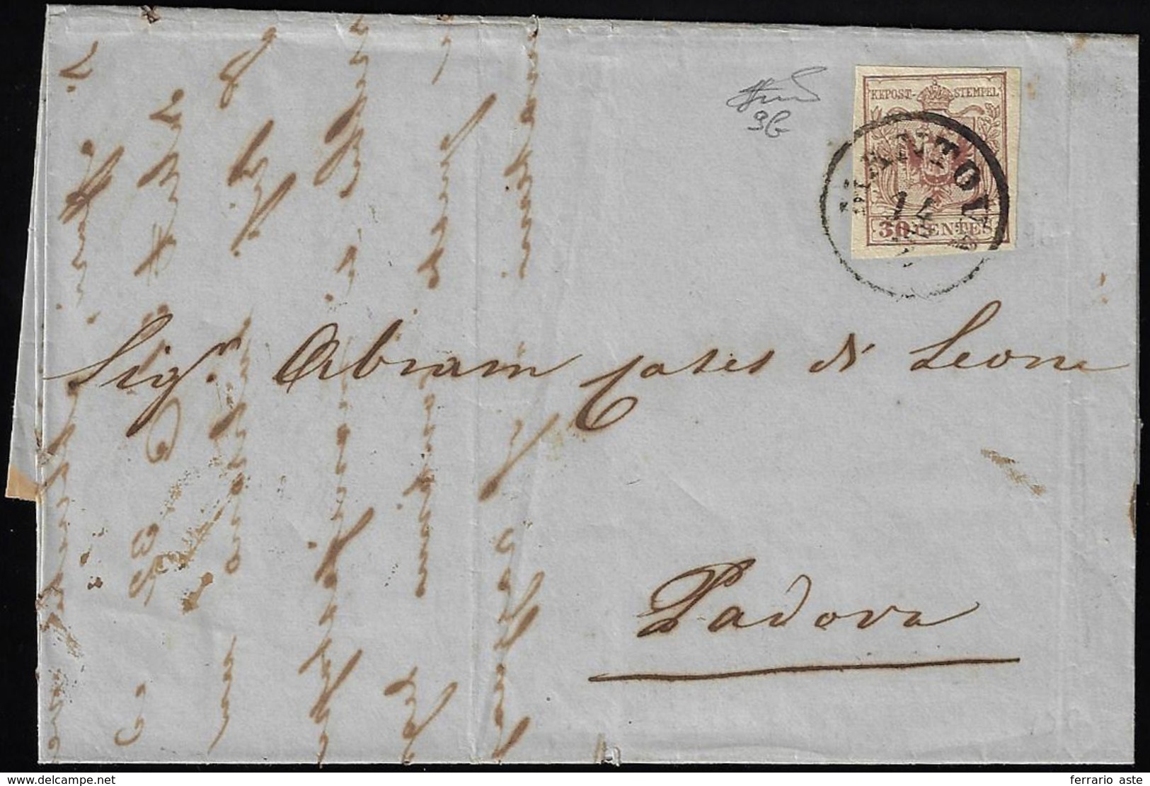 1856 - 30 Cent. Bruno Cioccolato, II Tipo, Carta A Mano (9b), Perfetto, Su Lettera Da Mantova 14/2/1... - Lombardo-Veneto