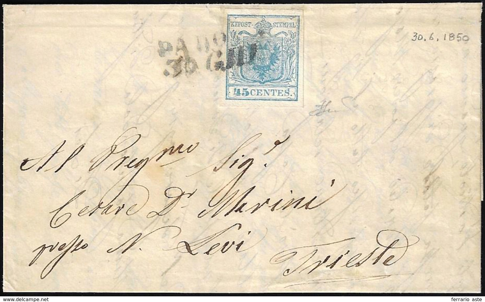1850 - 45 Cent. Azzurro Chiaro, I Tipo, Carta A Mano (10c), Perfetto, Su Lettera Da Padova 30/6/1850... - Lombardo-Venetien