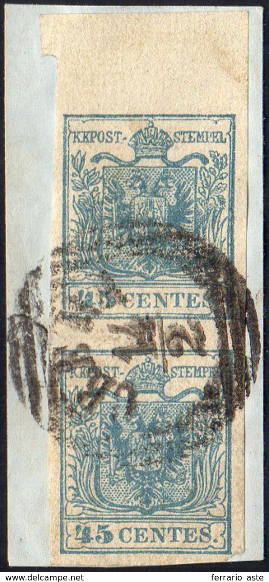 1852 - 45 Cent. Azzurro Ardesia, II Tipo, Carta A Mano (11), Coppia Verticale, Bordo Di Foglio, Perf... - Lombardo-Venetien