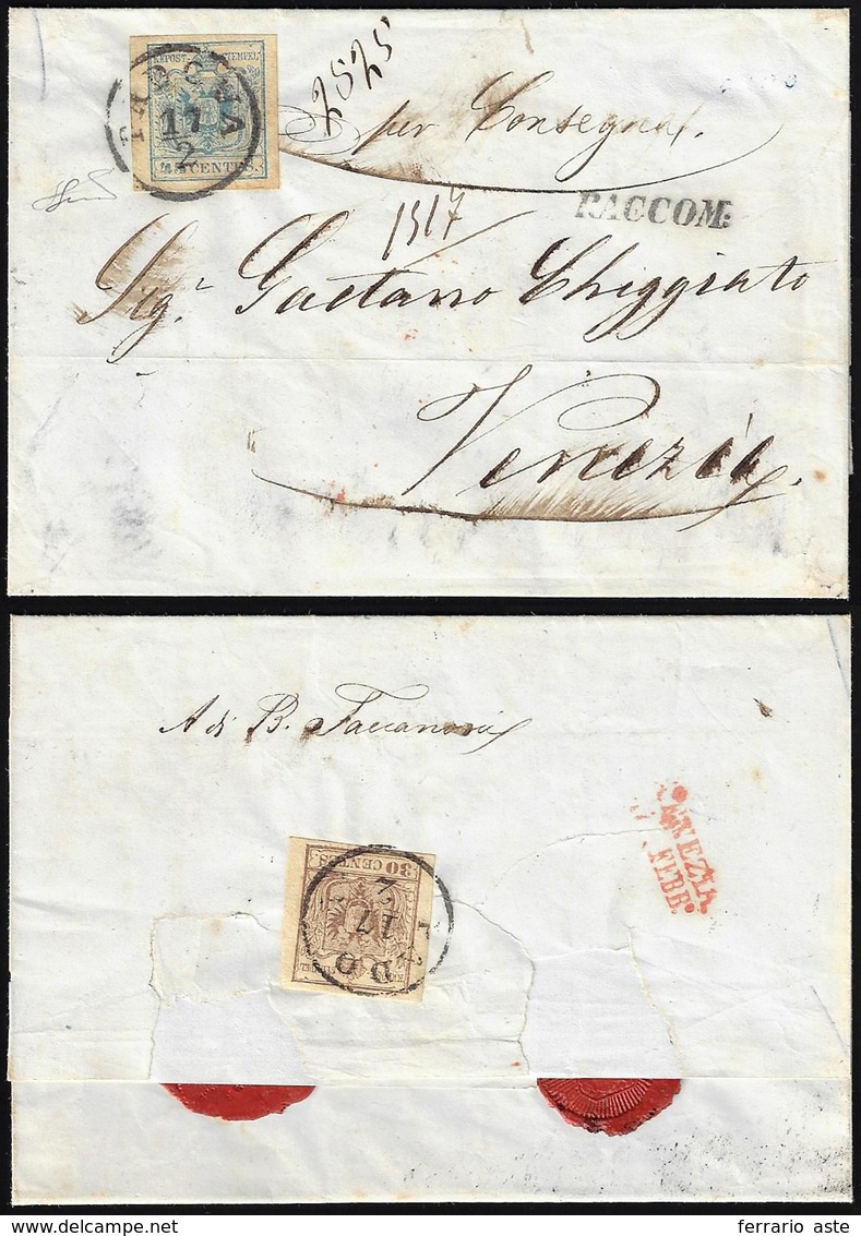 1852 - 45 Cent. Azzurro Ardesia, II Tipo, E, Al Verso, 30 Cent. Bruno, I Tipo, Entrambi Carta A Mano... - Lombardo-Venetien