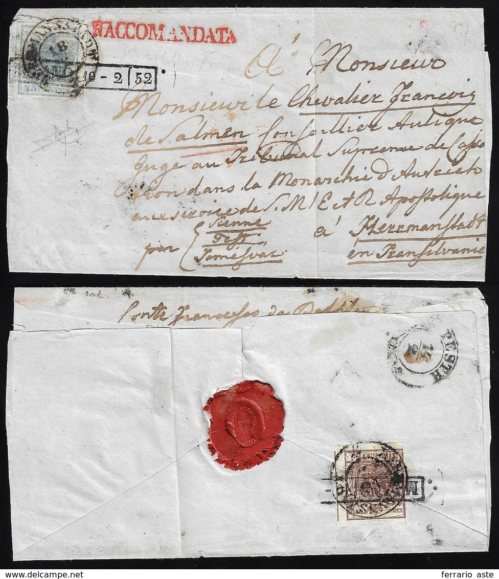 1852 - 45 Cent. Azzurro Chiaro, I Tipo, E Al Verso, 30 Cent. Bruno, I Tipo, Entrambi Carta A Mano (1... - Lombardy-Venetia