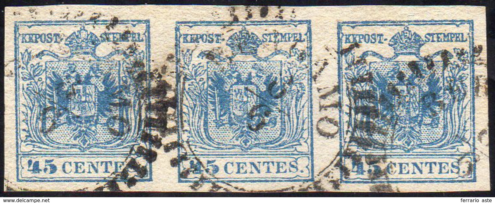 1855 - 45 Cent. Azzurro, III Tipo (12), Striscia Di Tre, Perfetta, Usata A Bergamo 8/6. Bella! G.Bol... - Lombardy-Venetia