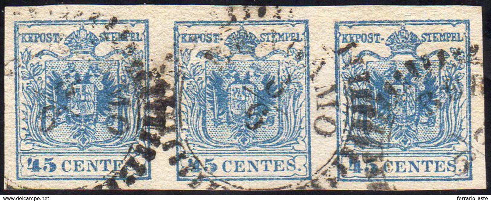 1855 - 45 Cent. Azzurro, III Tipo (12), Striscia Di Tre, Perfetta, Usata A Bergamo 8/6. Bella! G.Bol... - Lombardo-Venetien