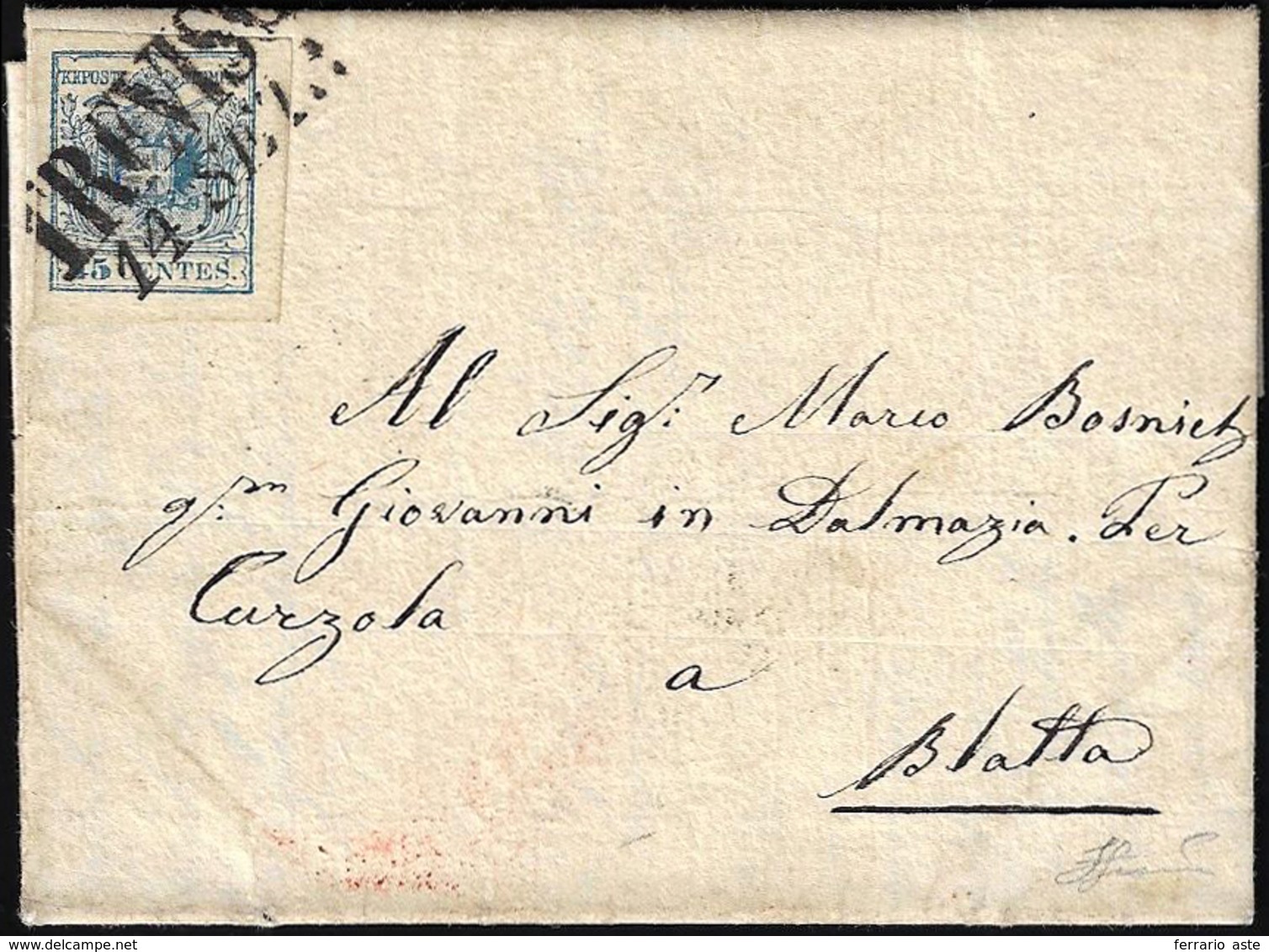 1855 - 45 Cent. Azzurro, III Tipo, Carta A Mano (12), Perfetto, Su Lettera Da Treviso 14/9/1855 A Bl... - Lombardy-Venetia