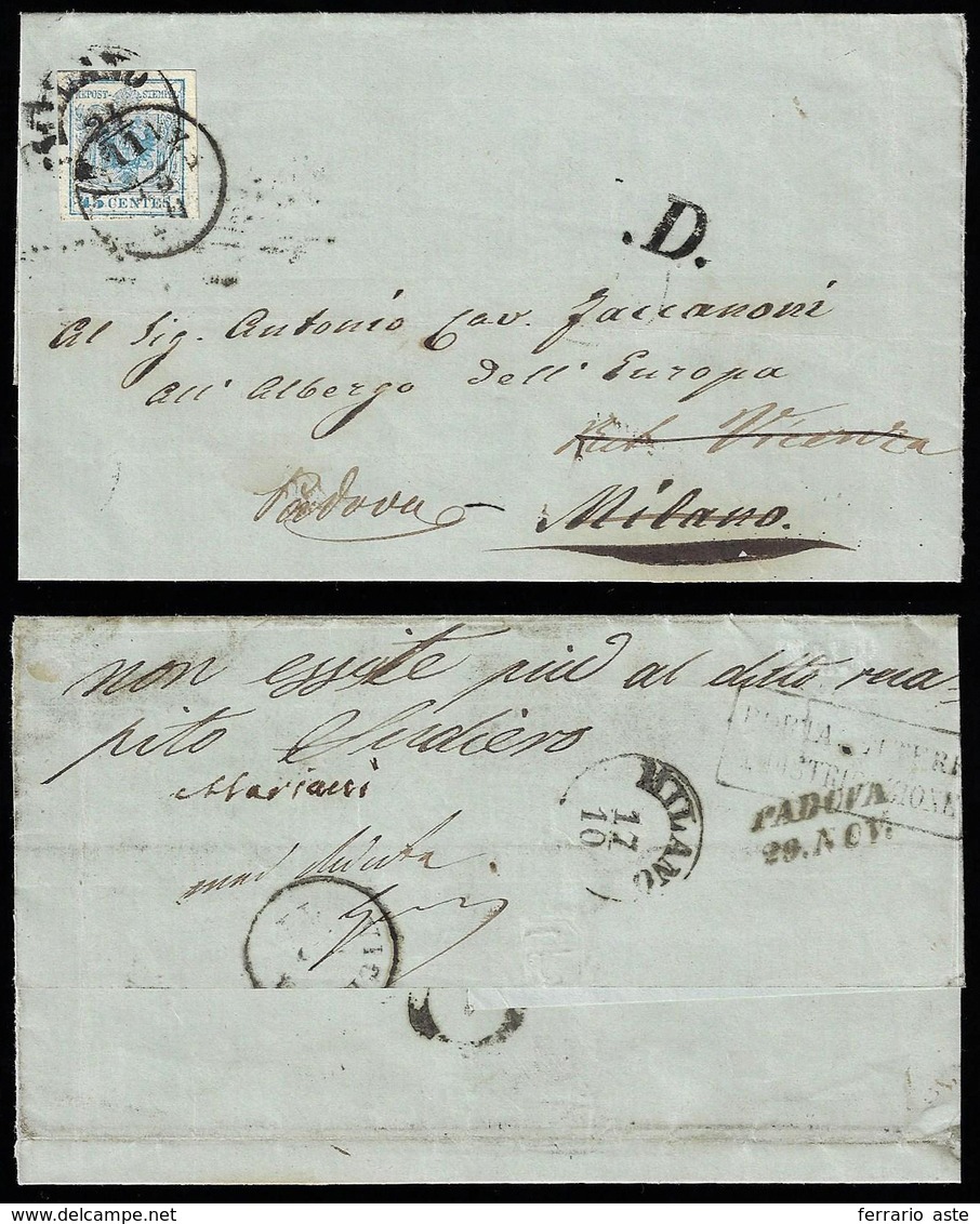 1855 - 45 Cent. Azzurro, III Tipo, Carta A Mano (12), Perfetto, Su Sovracoperta Di Lettera Da Vicenz... - Lombardo-Venetien