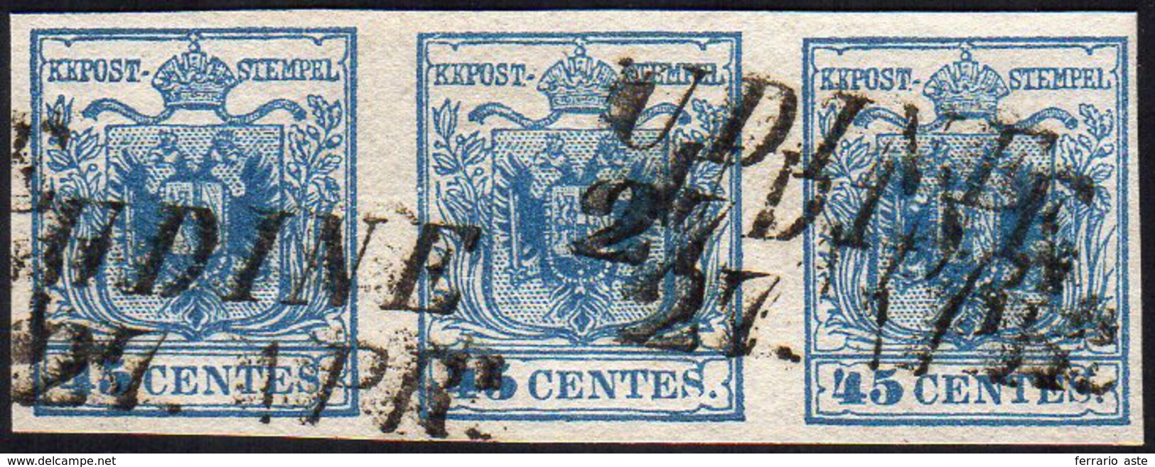 1855 - 45 Cent. Azzurro Vivo, III Tipo, Carta A Mano (12a), Striscia Di Tre, Perfetta, Usata A Udine... - Lombardy-Venetia