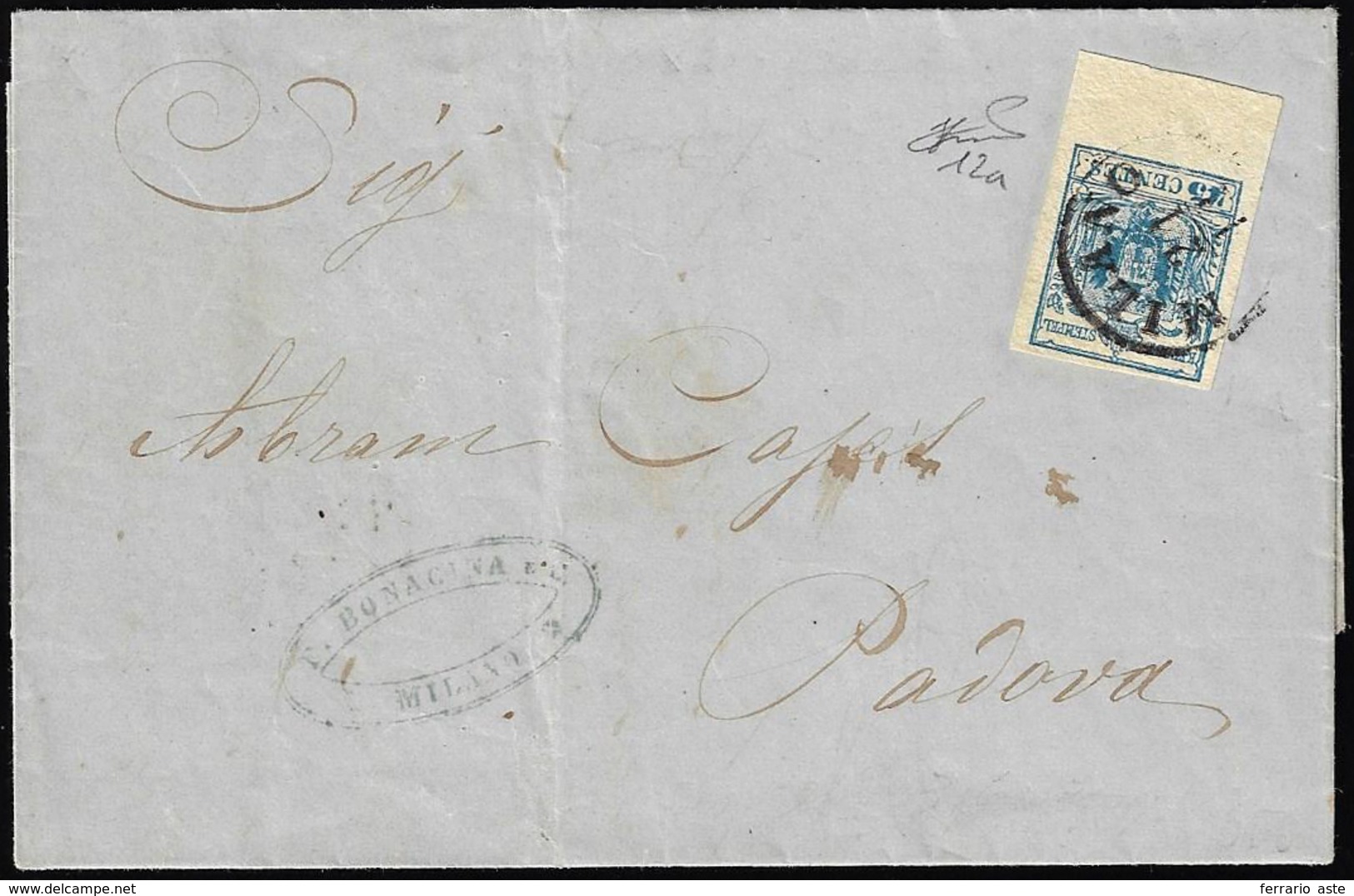 1855 - 45 Cent. Azzurro Vivo, III Tipo, Carta A Mano (12a), Bordo Di Foglio, Perfetto, Su Sovracoper... - Lombardo-Venetien