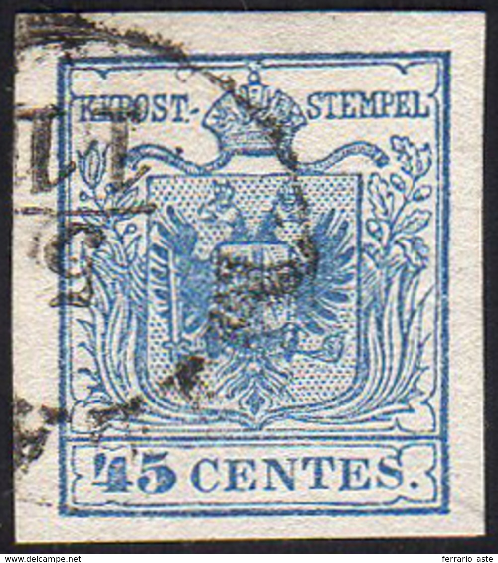 1855 - 45 Cent. Azzurro Grigiastro Chiaro, III Tipo, Carta A Mano (12b), Perfetto, Usato A Milano 5/... - Lombardo-Venetien