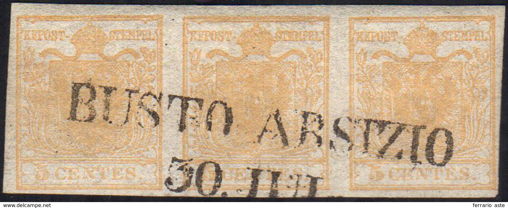 1851 - 5 Cent. Giallo Ocra, Stampa Recto-verso, Controstampa Capovolta (13), Striscia Orizzontale Di... - Lombardo-Venetien