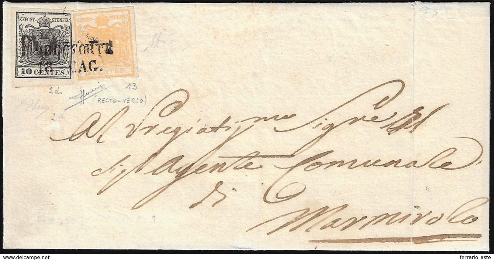 1851 - 5 Cent. Giallo Ocra, Stampa Recto-verso, Controstampa Capovolta, 10 Cent. Nero Intenso (13,2d... - Lombardy-Venetia