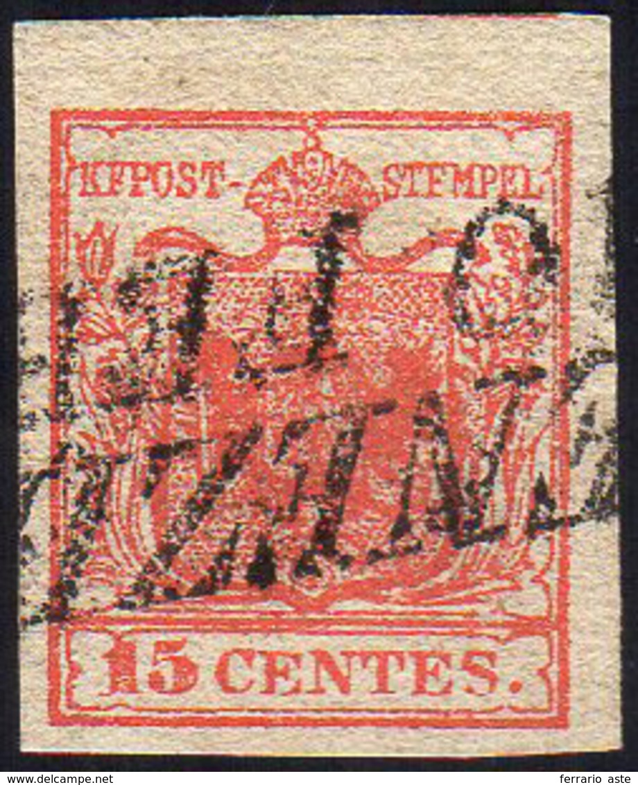 1851 - 15 Cent. Rosso Vermiglio, I Tipo, Carta A Coste Verticali (14), Leggera Costolatura, Perfetto... - Lombardo-Venetien