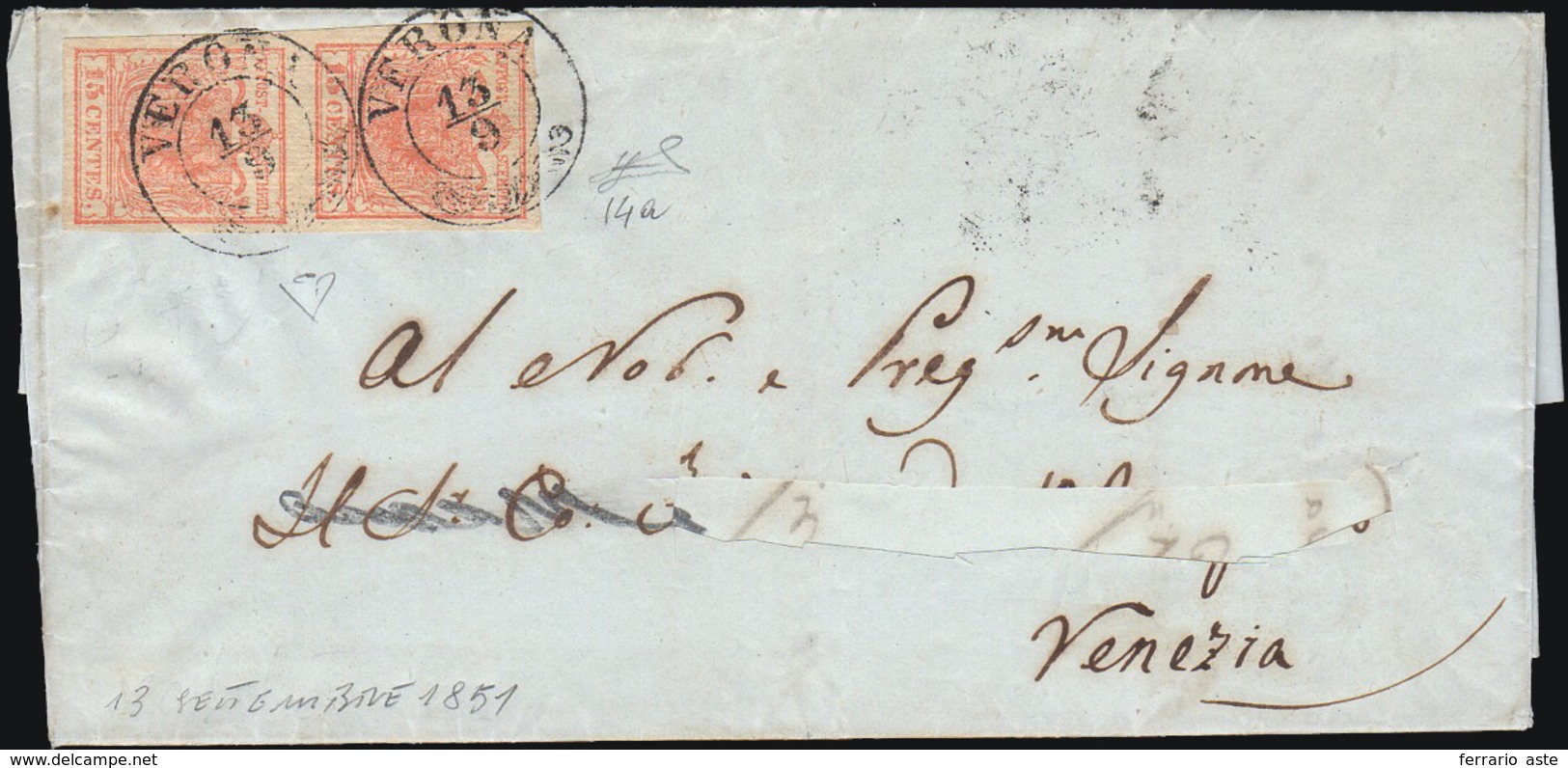 1851 - 15 Cent. Rosso Vermiglio Chiaro, I Tipo, Carte A Coste Verticali (14a), Coppia, Perfetta, Su ... - Lombardy-Venetia