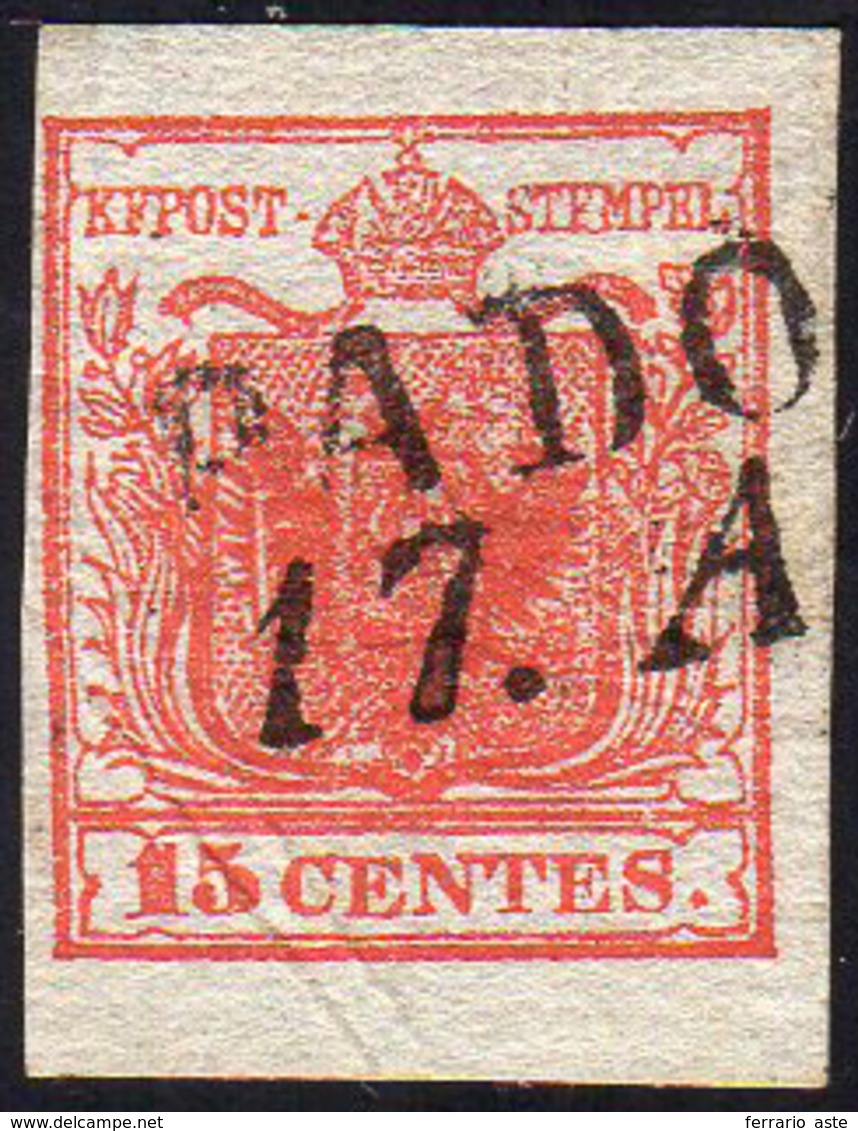 1851 - 15 Cent. Rosso Vermiglio Intenso, I Tipo, Carta A Coste Verticali (14b), Perfetto, Usato A Pa... - Lombardo-Venetien